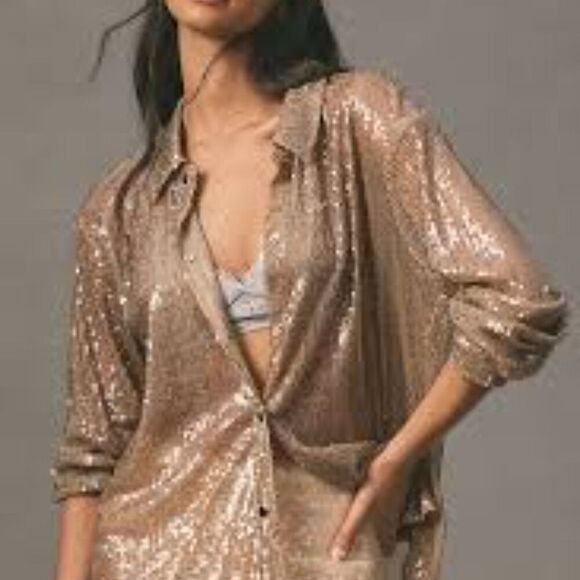 Anthropologie 4SI3NNA Long-Sleeve Gold Sequin Snap on Button-down Shirt MED NWT - Picture 1 of 6